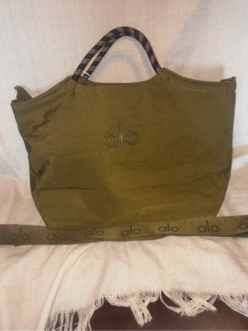ALO Yoga Olive Tote with Patterned Top Handles